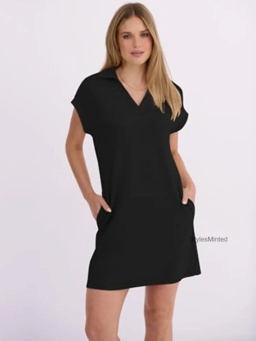 Women's Casual V-Neck Cap Sleeve Mini Dress with Pockets